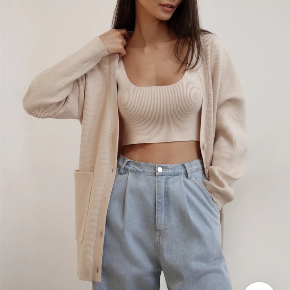 Lichi Rhinestone Embellished Ribbed Knit Cardigan